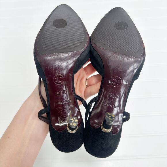Chanel Slingback Heels Suede Cap Toe Black Gold Emblem CC Heel 36.5 - Picture 6 of 11